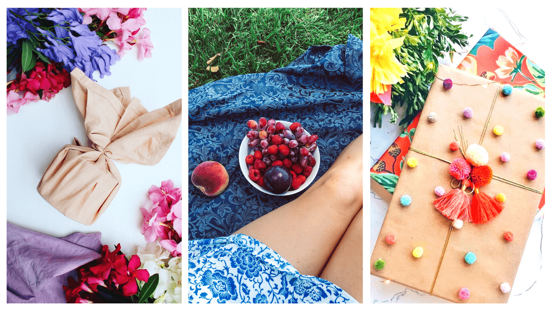 Beautiful zero waste textiles paired with freshly picked flowers and summer fruits