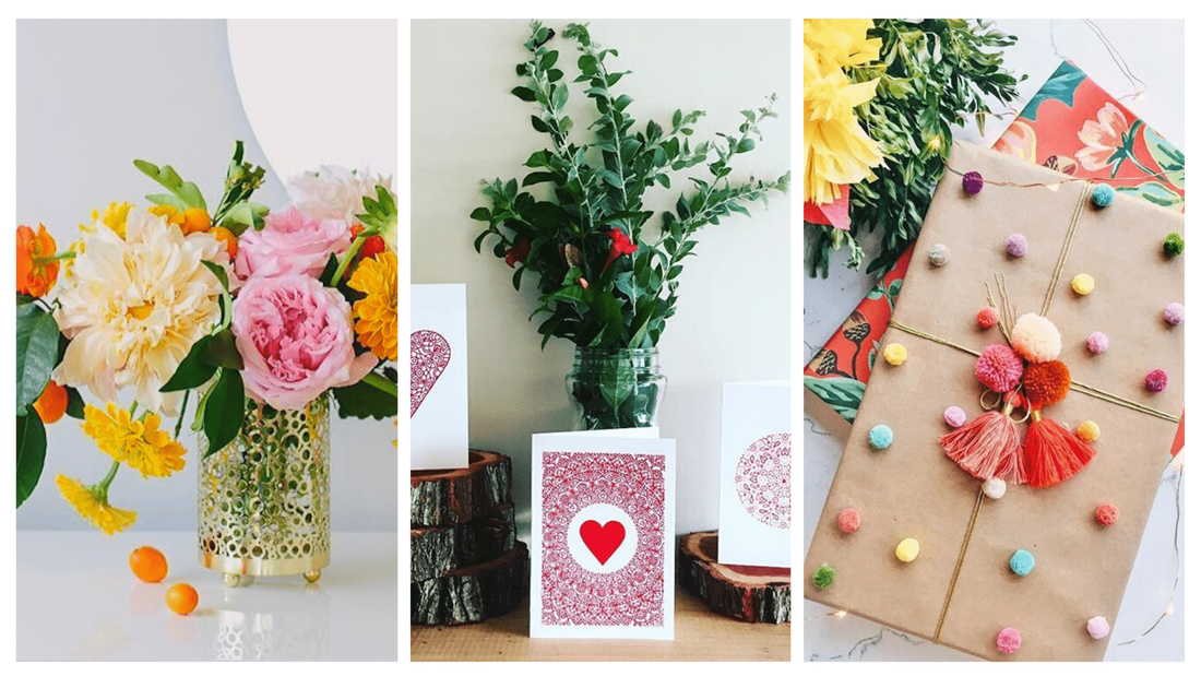 Beautiful gift cards and sustainable wrapped presents and colourful flowers