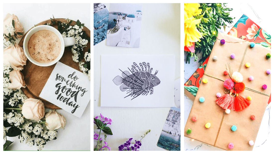 Ocean inspired gift cards styled with pretty flowers and photos of ocean scenery