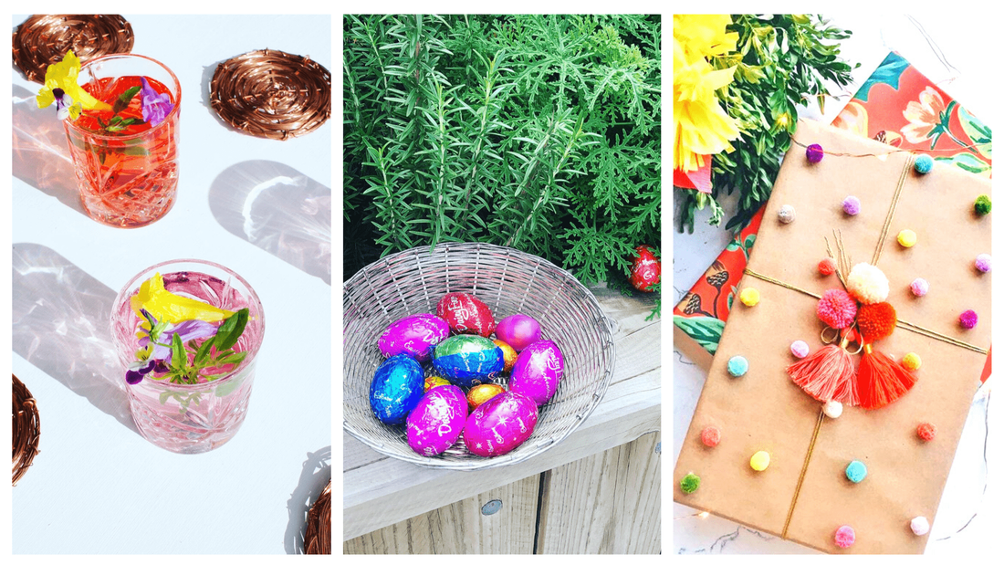 Easter eggs sprinkled between ethical Easter tableware and beautifully wrapped presents