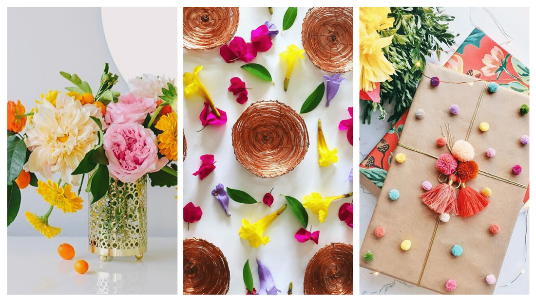 Beautiful Australian made products wrapped up in recycled brown paper and surrounded by bright yellow, pink and orange flowers