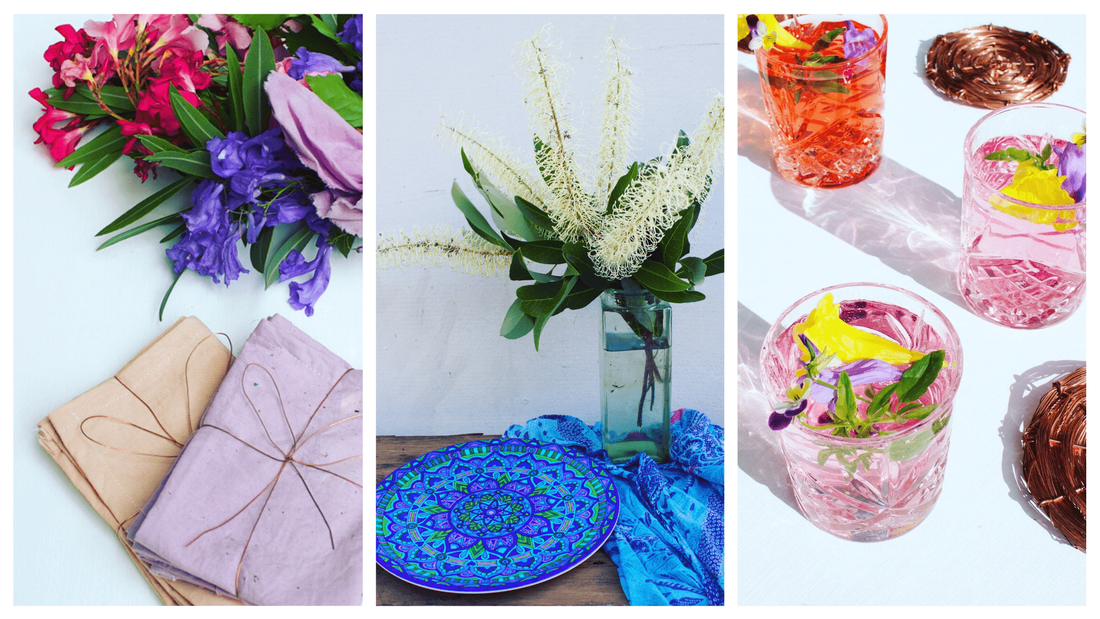 Beautiful tableware surrounded by botanically dyed linen and colourful flowers