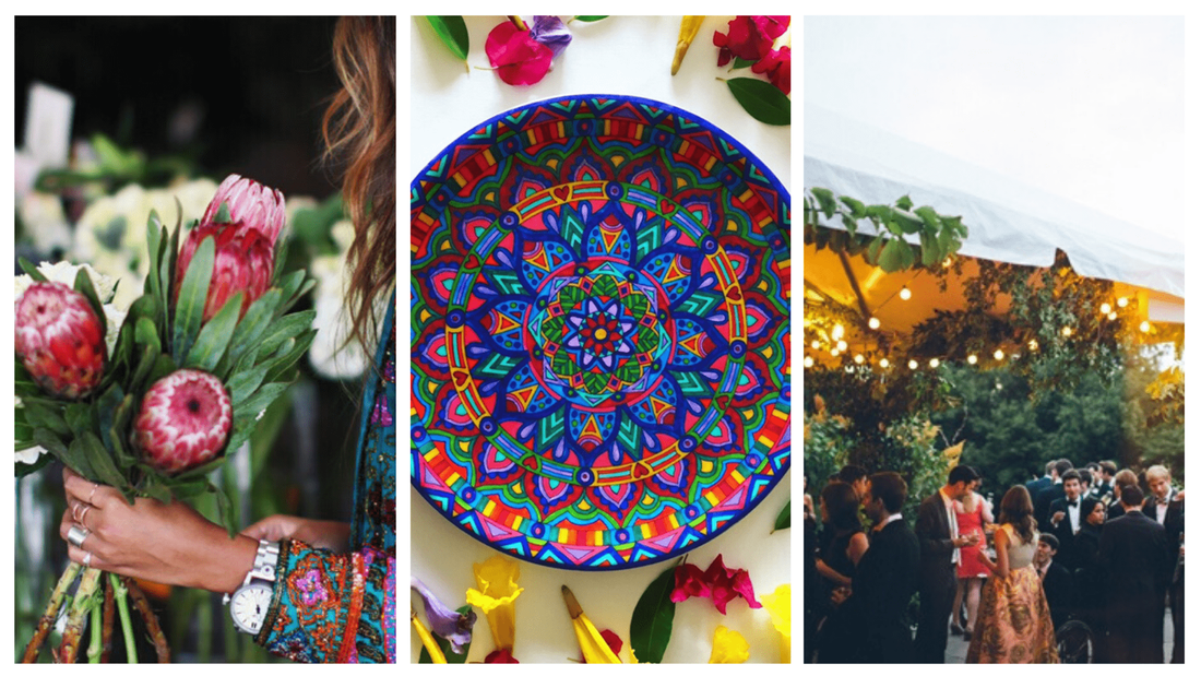 Beautiful bohemian mandala plates surrounded by flowers and used during celebrations
