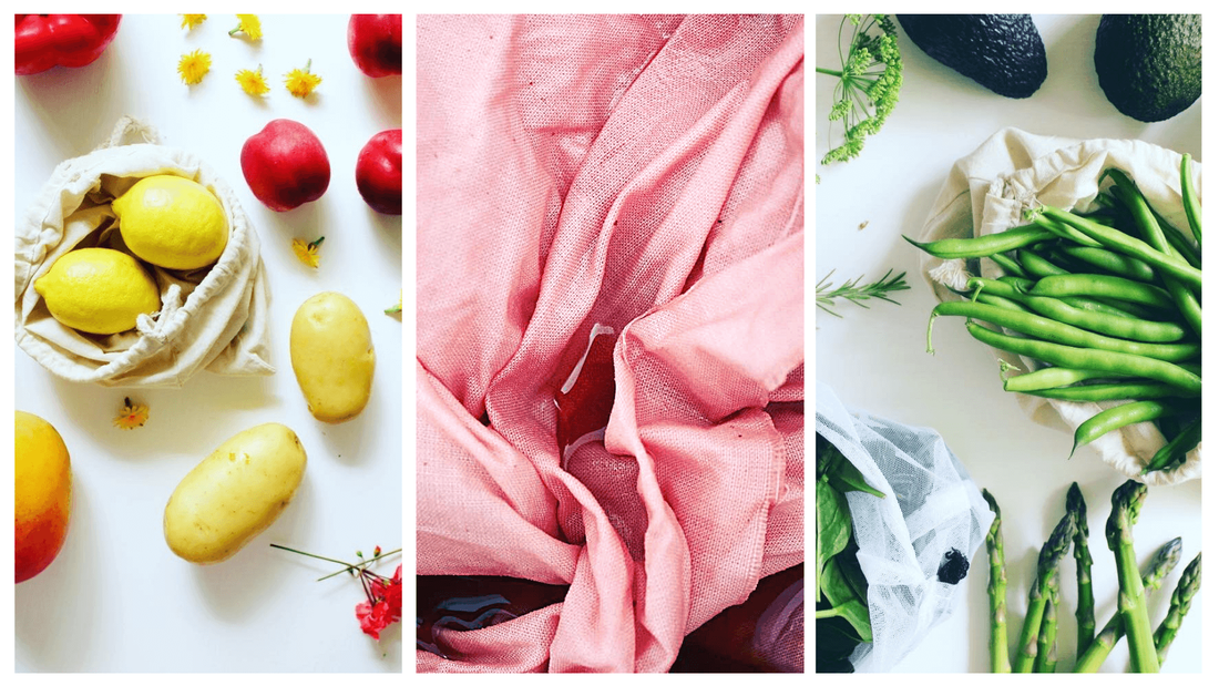 Beautiful zero waste produce bags that have been created with naturally dyed fabric 