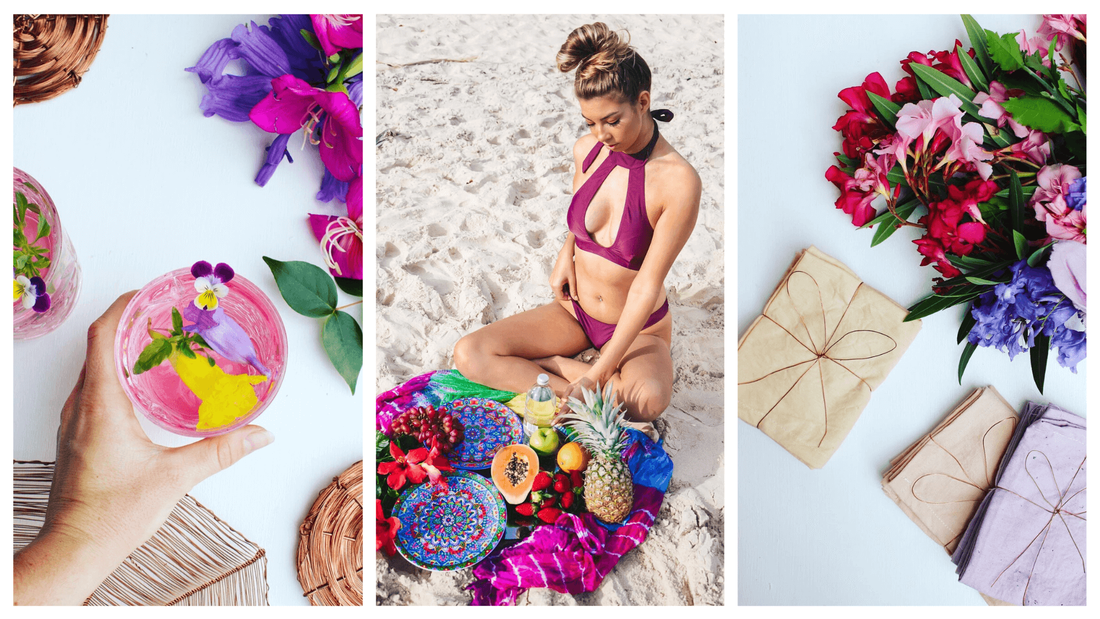 Sustainable and ethical homewares, stationery and giftware paired with flowers and tropical fruits